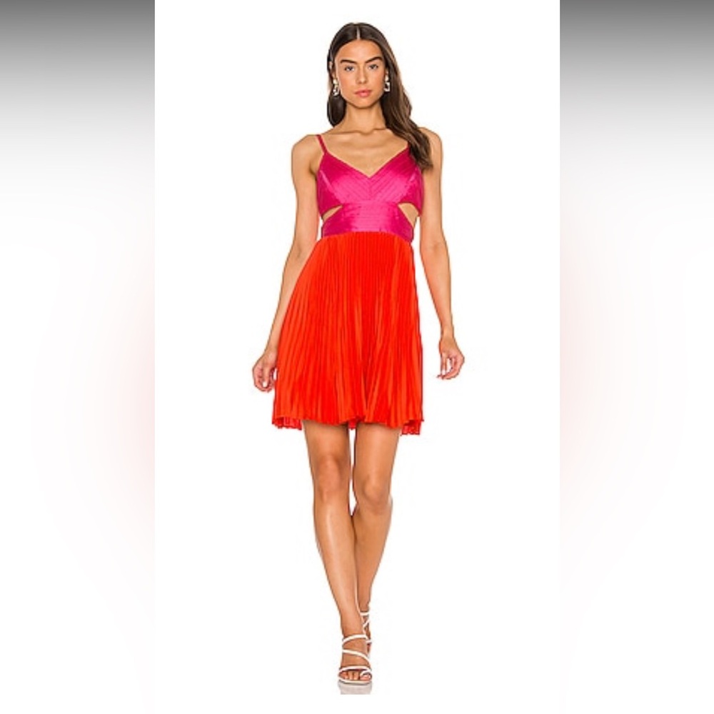 BCBGMAXAZRIA Cut Out Mini pleated Dress in Cherry Tomato Combo- 4